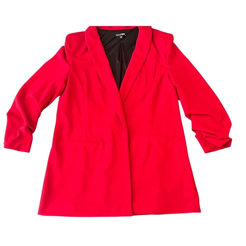 Fashion Nova Red Open Front Ruched 3/4 Sleeve Blazer Jacket Womens Large (1125)